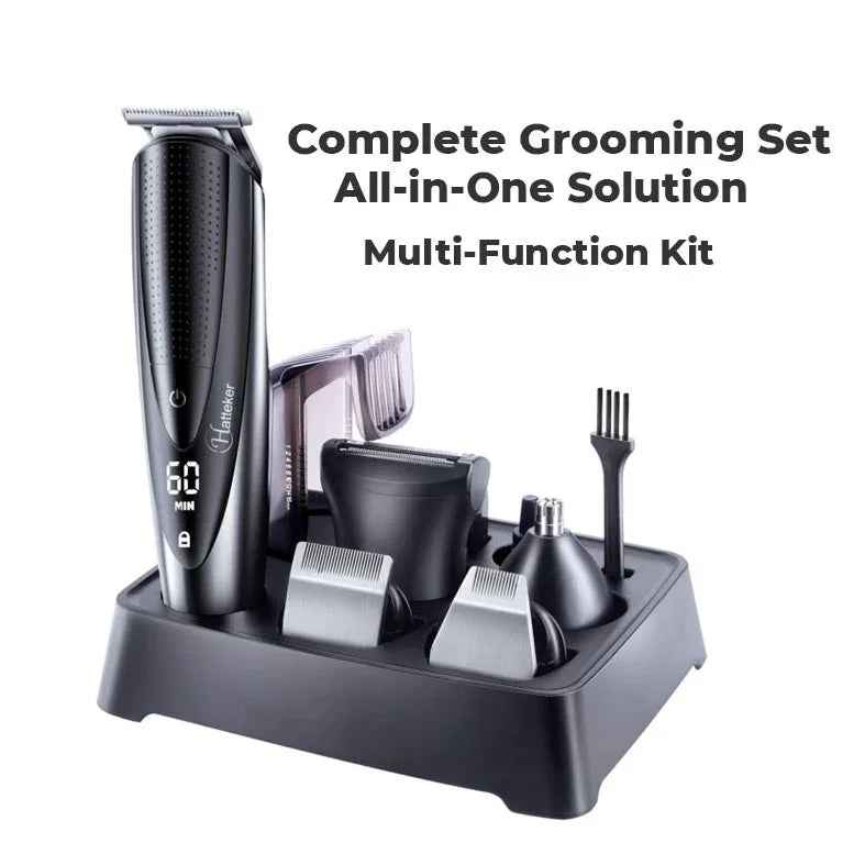 HATTEKER 5-in-1 Hair Clipper for Men RFC-598 – Rechargeable Beard & Body Grooming Kit with Multiple Attachments