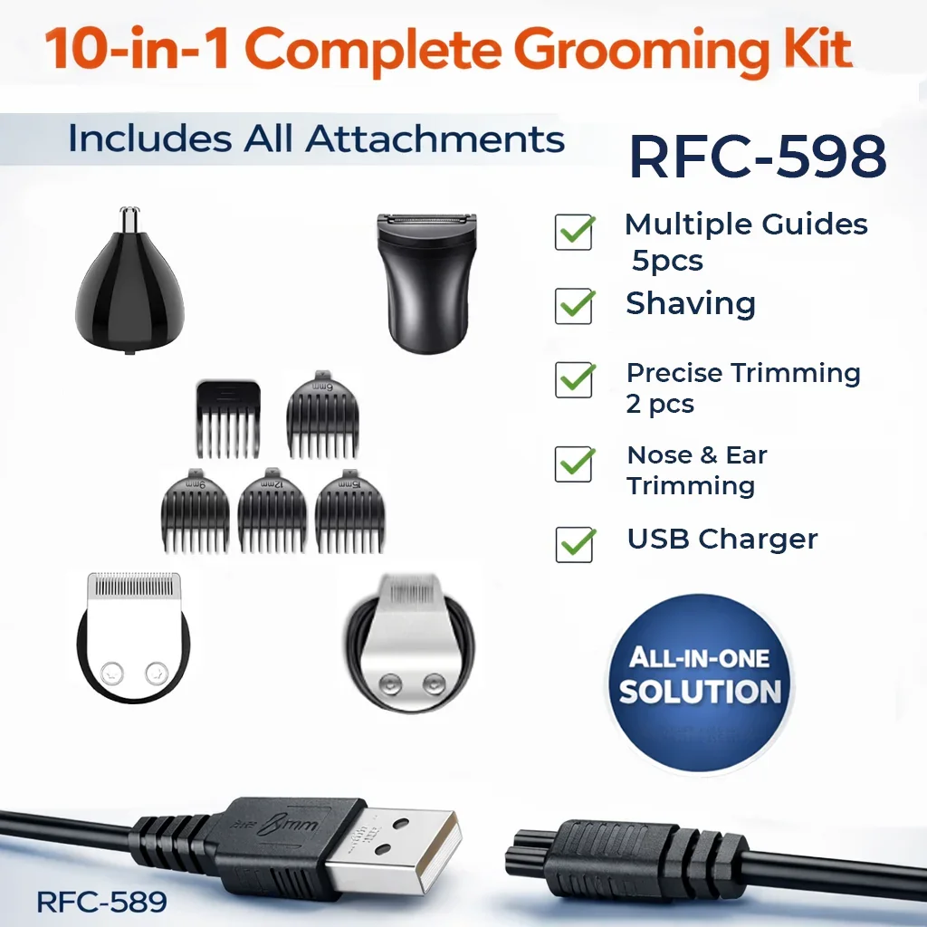 HATTEKER Complete Grooming Upgrade Kit for RFC-598 – Comb Set + USB Charger + Precision, Nose & Foil Shaver Heads