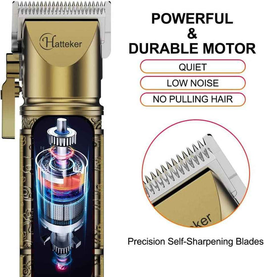 Hatteker Professional Cordless Hair Trimmer & Beard Shaver | Gold Grooming Kit with LED Display