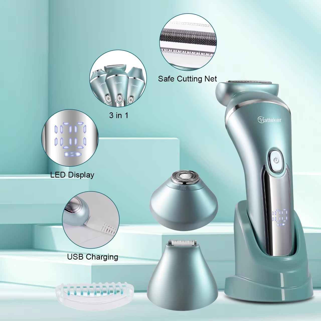 3-in-1 Lady Shaver - USB Rechargeable Electric Epilator for Legs & Arms, Wet & Dry