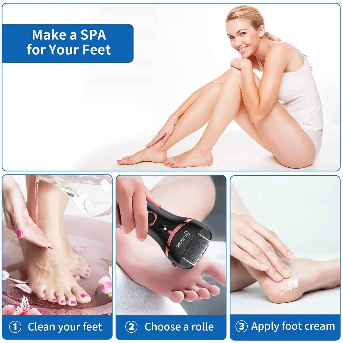 Hatteker USB Rechargeable Waterproof Electric Foot Sharpener & Callus Remover with LED Light