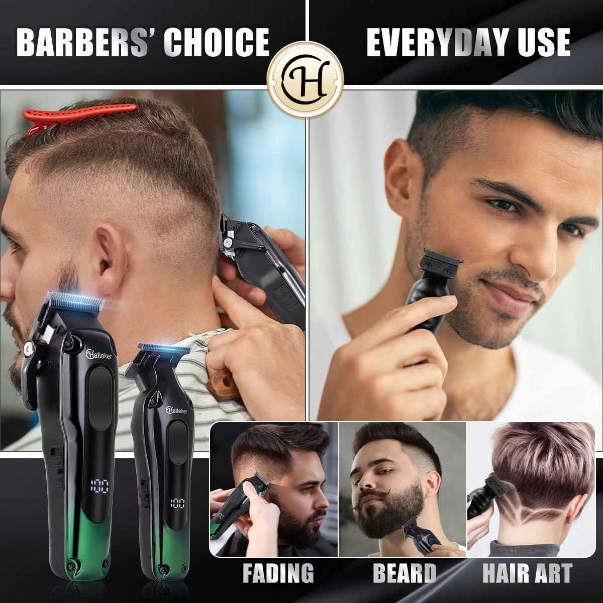 Hatteker Professional Barber Hair Clippers Set – Cordless Precision Fade Kit with Zero Gap T-Blade & LCD Display