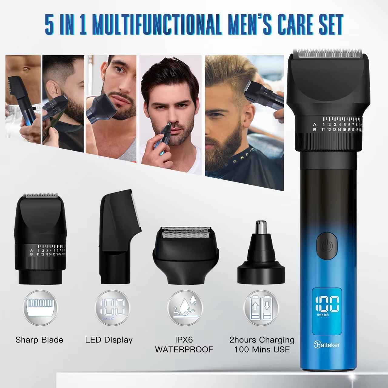 Hatteker 5-in-1 Cordless Barbershop Hair Cutting Kit - T-Blade Trimmer & Electric Clippers