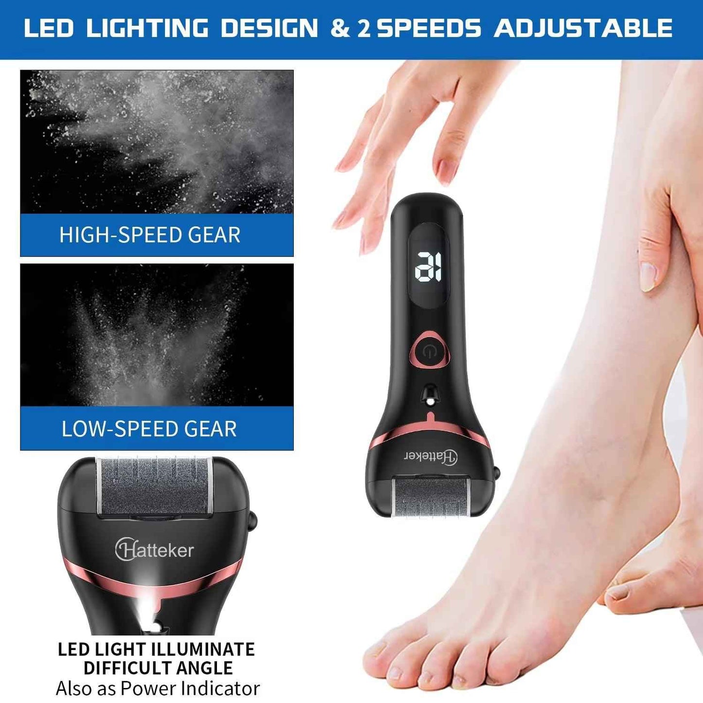 Hatteker USB Rechargeable Waterproof Electric Foot Sharpener & Callus Remover with LED Light