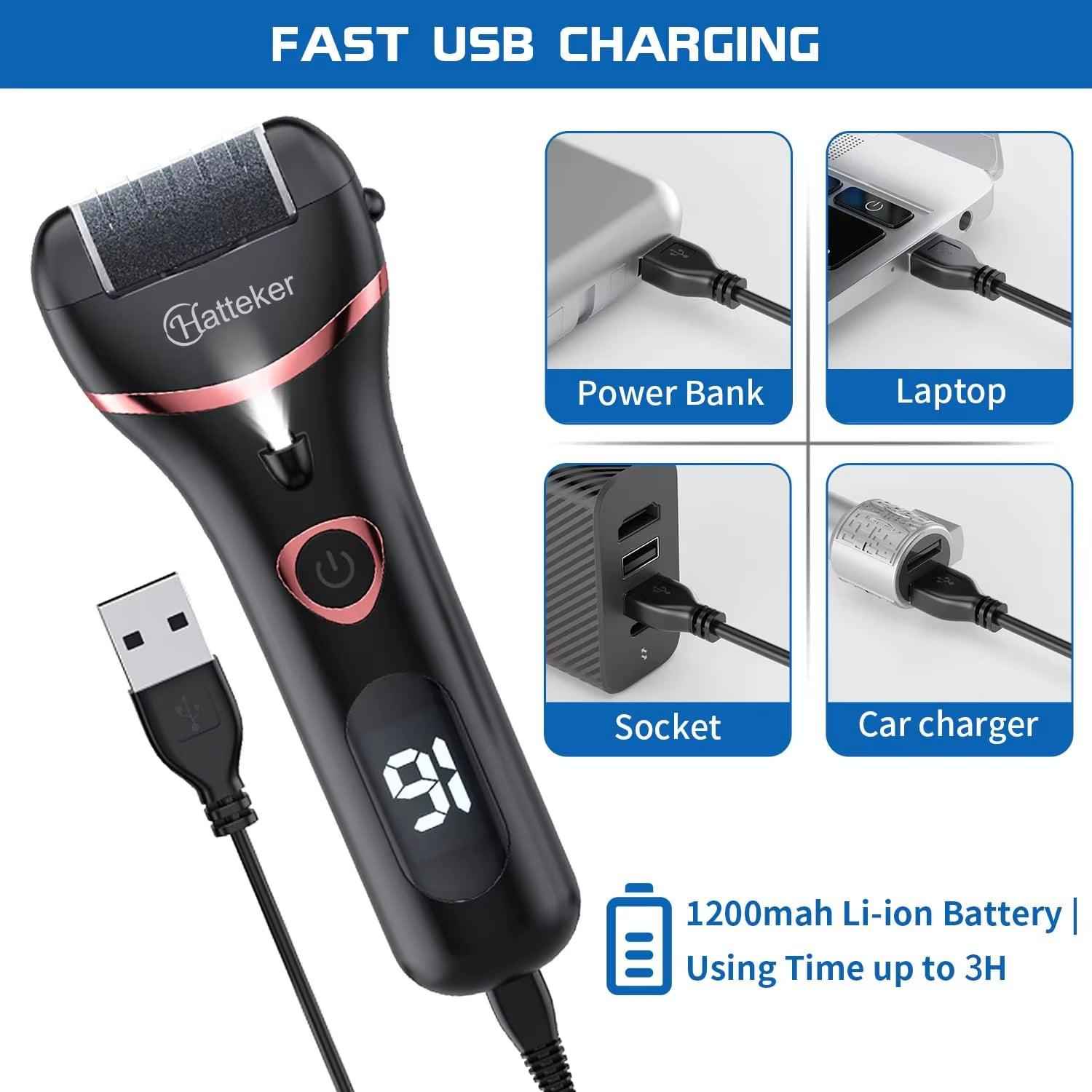 Hatteker USB Rechargeable Waterproof Electric Foot Sharpener & Callus Remover with LED Light