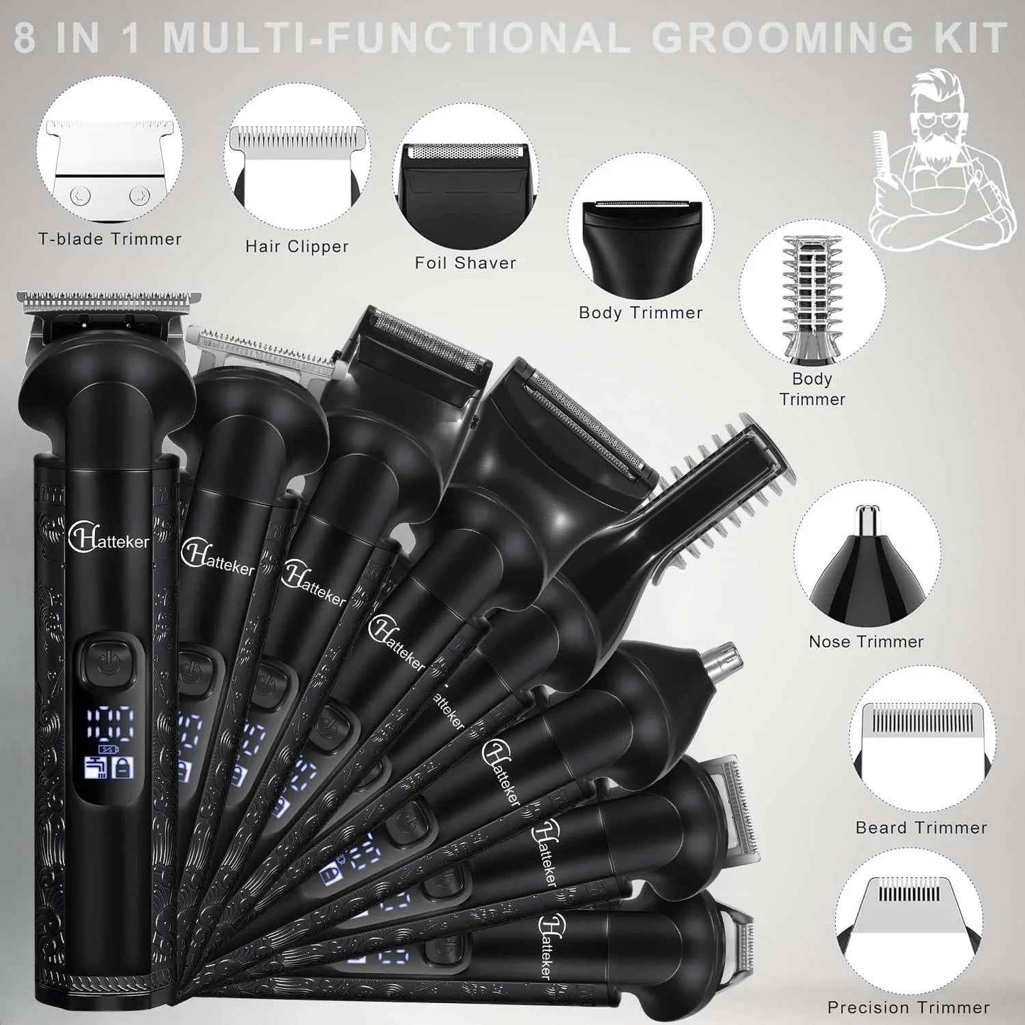 Hatteker 8-in-1 Grooming Kit – Hair Clipper Beard Trimmer Zero Gap T Blade Waterproof