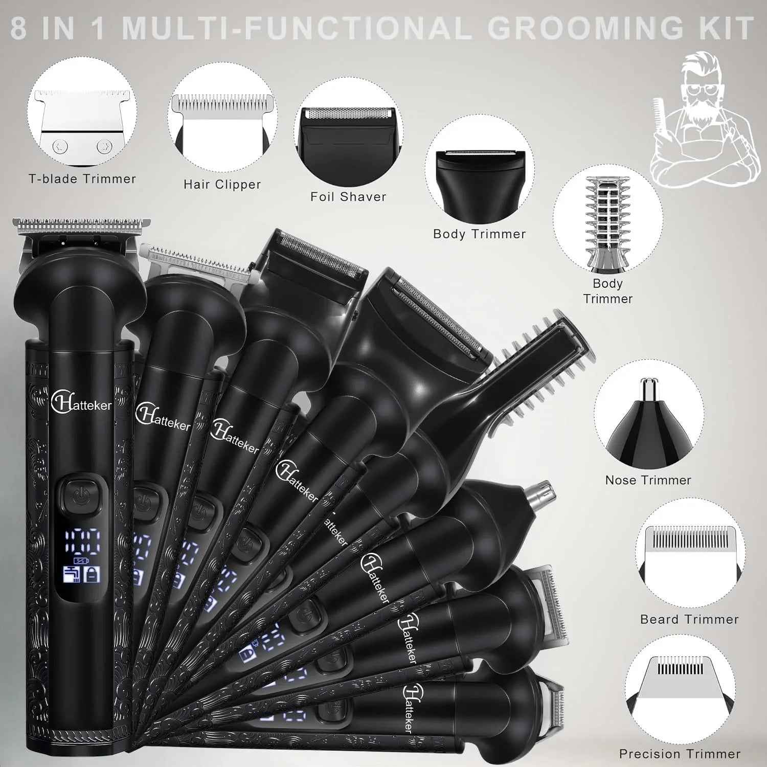Hatteker 8-in-1 Grooming Kit – Hair Clipper Beard Trimmer Zero Gap T Blade Waterproof