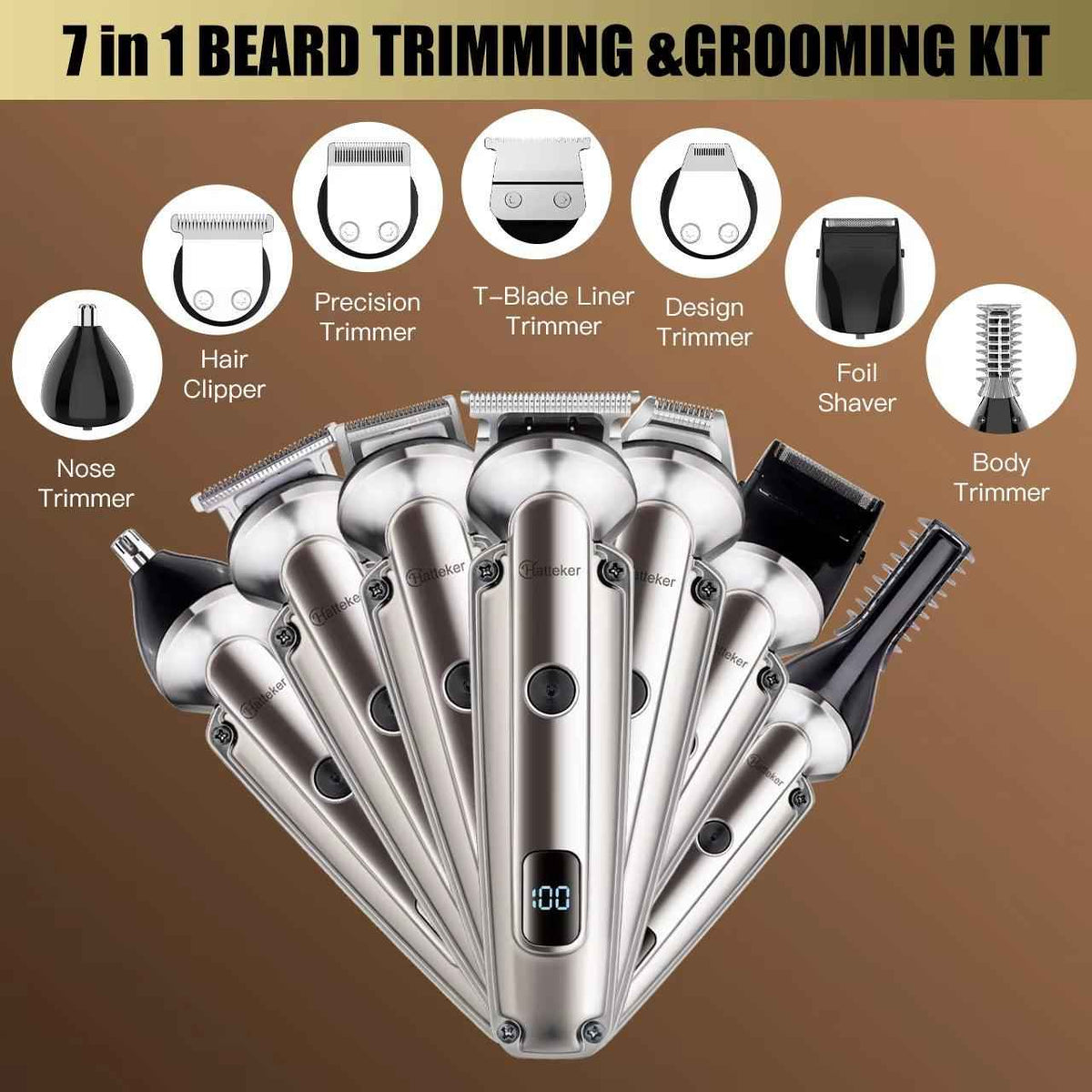 Hatteker 7-in-1 Beard & Hair Trimmer Kit | Men's Clippers, T-Blade, Nose Trimmer & Shaver