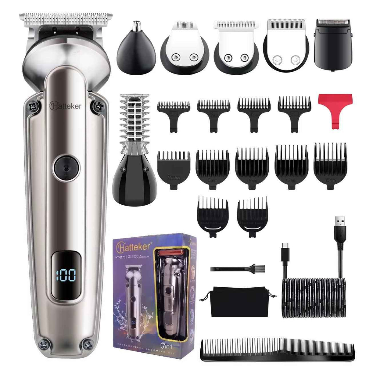 Hatteker 7-in-1 Beard & Hair Trimmer Kit | Men's Clippers, T-Blade, Nose Trimmer & Shaver