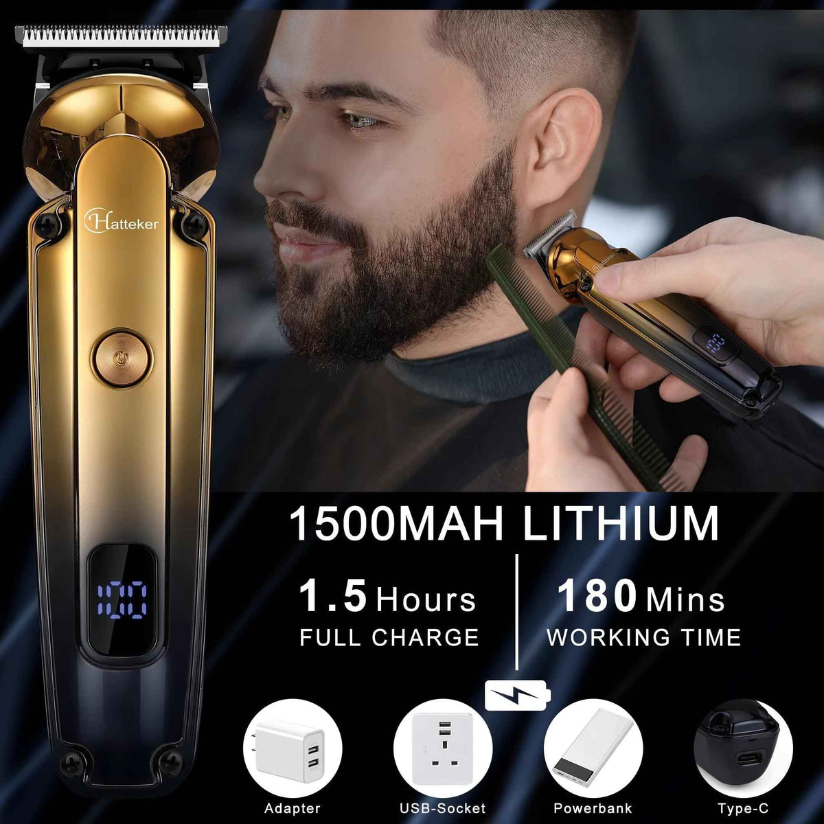 Hatteker Professional Electric Hair Clippers for Men - Oil Head Carving Trimmer with LED