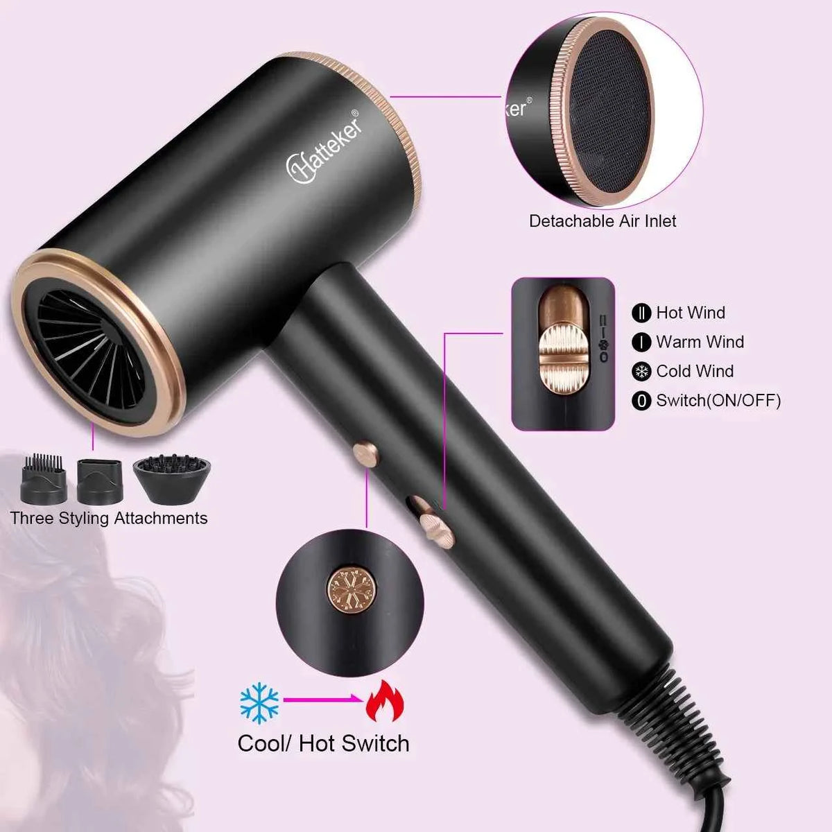 Hatteker Black Negative Ion Hair Dryer Multi-stage Adjustment Powerful Hair Dryer