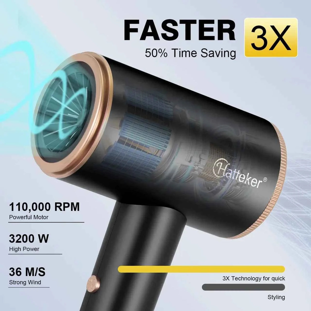 Hatteker Black Negative Ion Hair Dryer Multi-stage Adjustment Powerful Hair Dryer