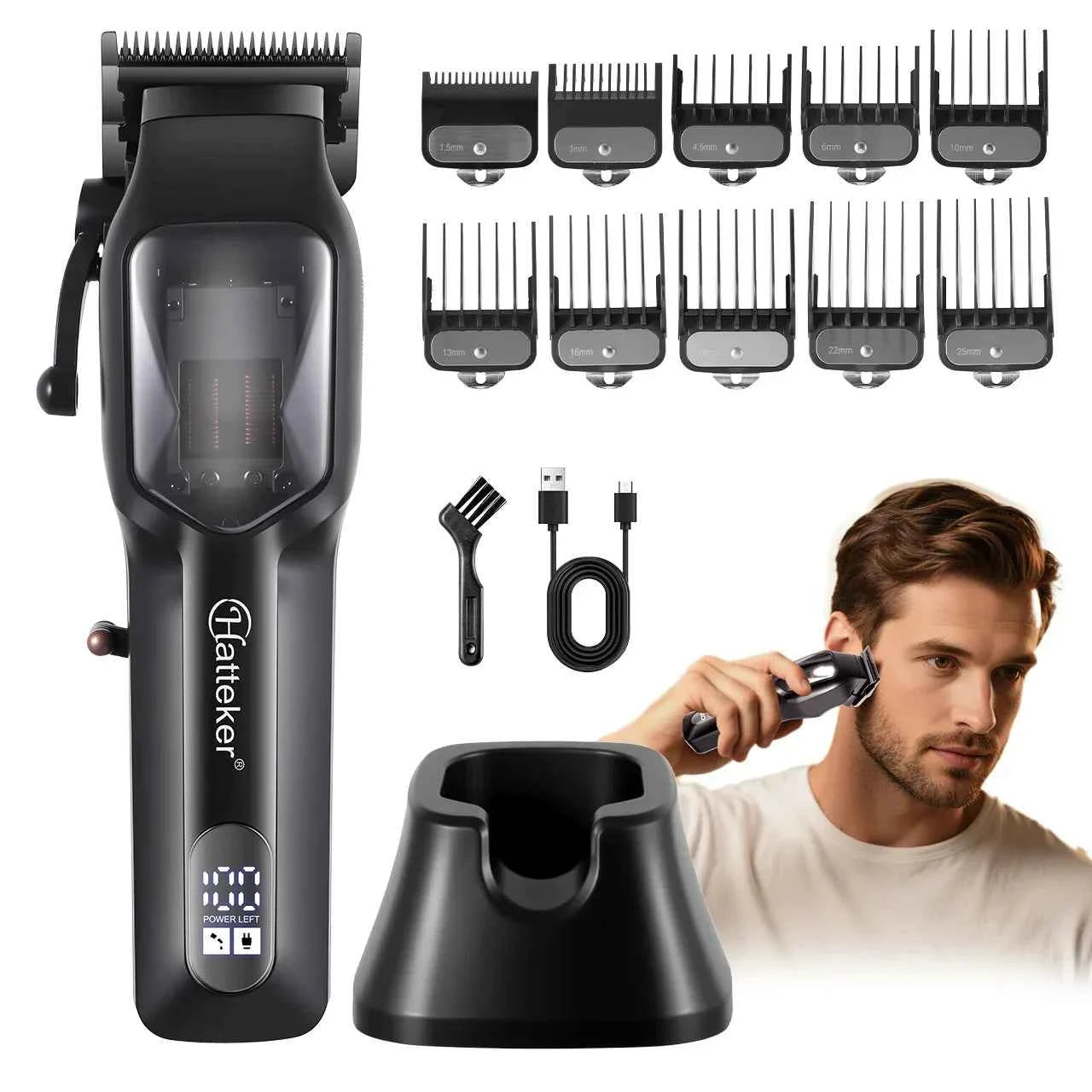 Hatteker HT-6136 Professional Electric Hair Clippers Kit with LCD Display, USB Rechargeable for Men & Barber Use