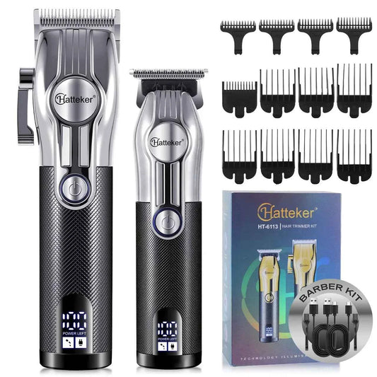 Hatteker HT-6113 USB Rechargeable Electric Hair Clippers LED Display Hair Trimmer 2-piece Grooming Set Father's Day Gift Slliver