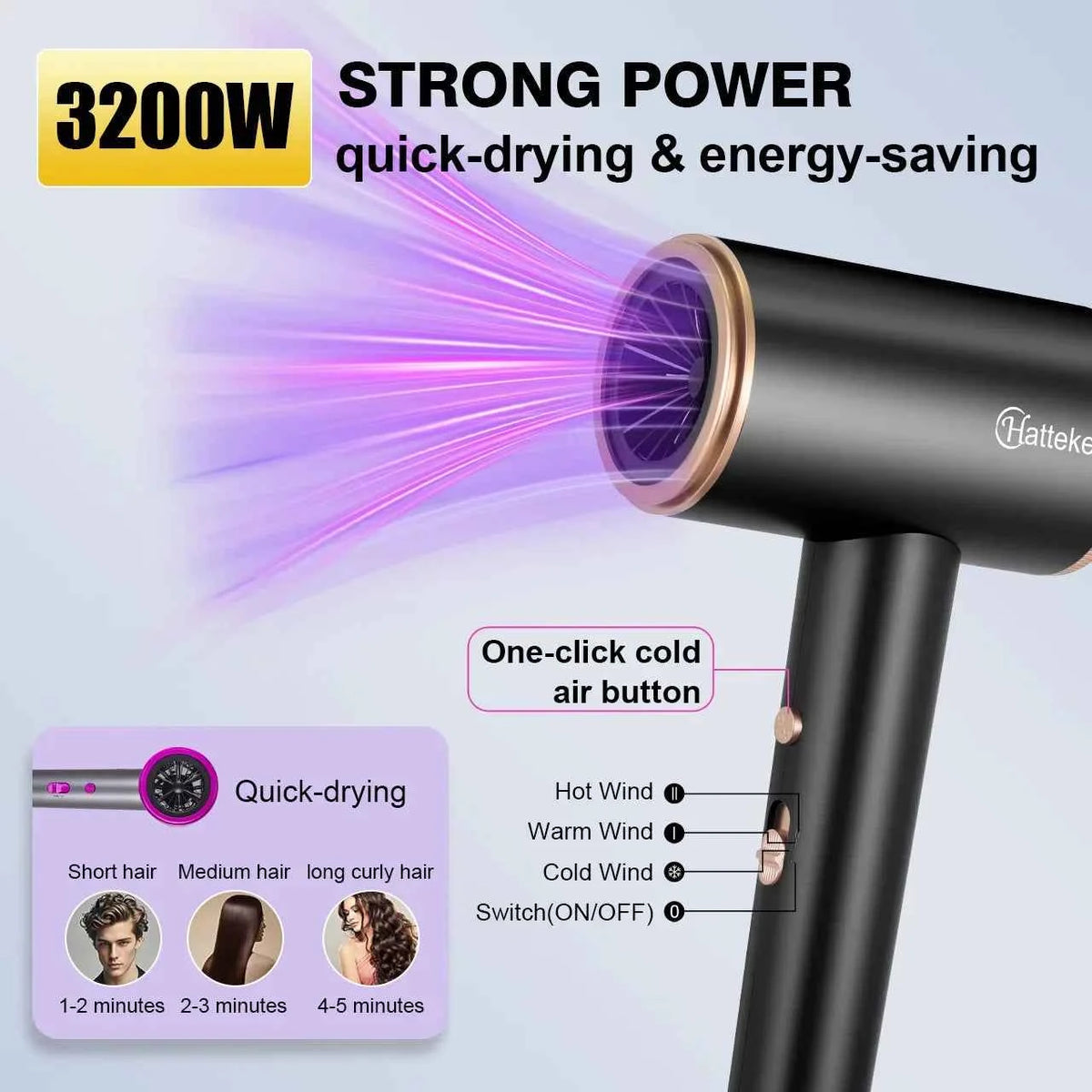 Hatteker Black Negative Ion Hair Dryer Multi-stage Adjustment Powerful Hair Dryer