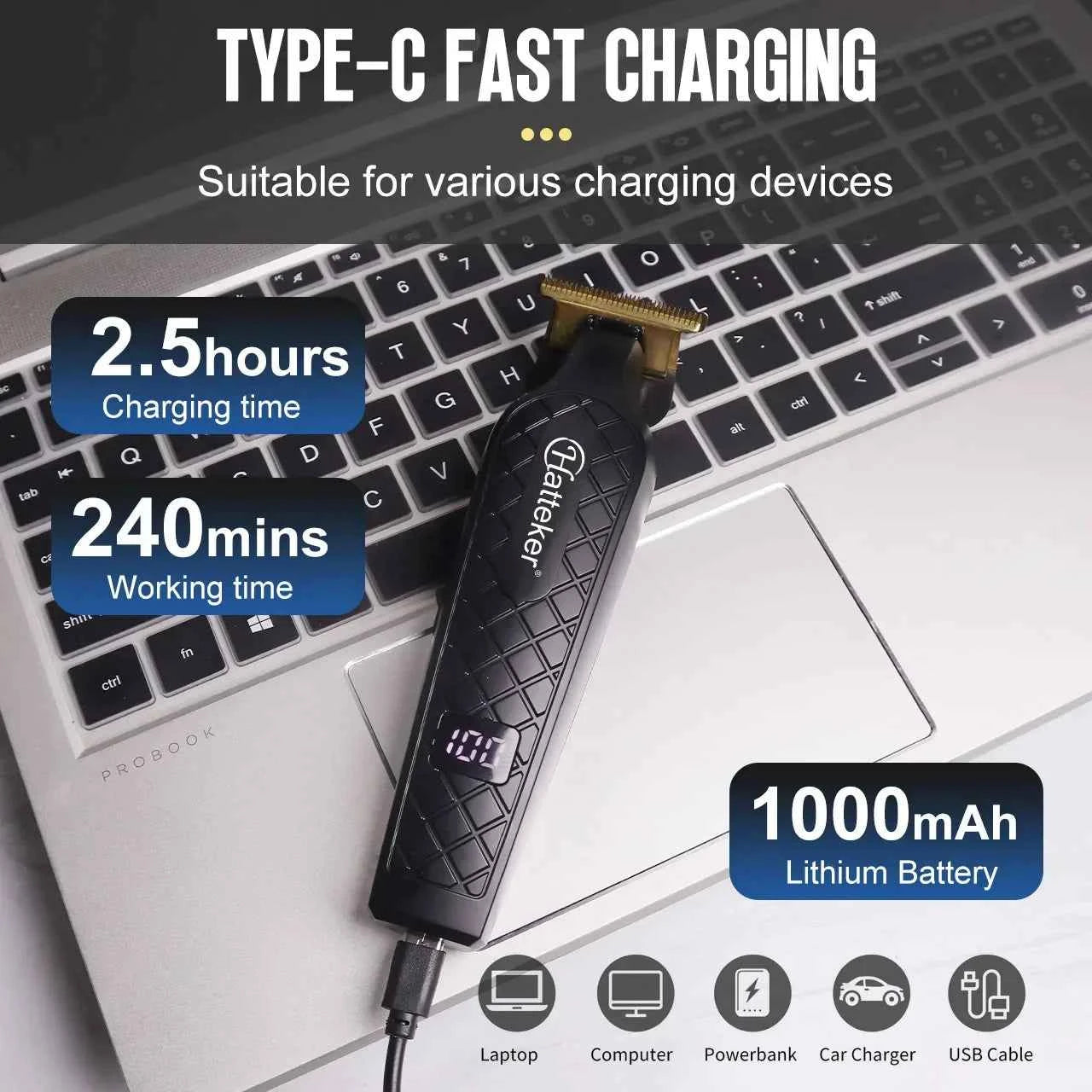 Hatteker Low Noise Haircutting Equipment USB Charging Hair Trimmer Clippers