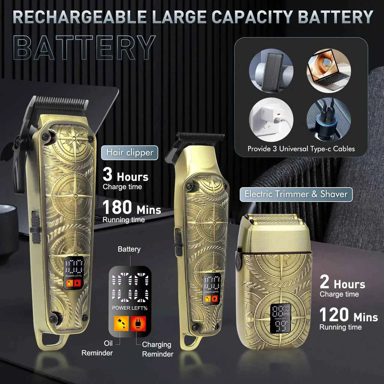 Hatteker Professional Hair Clippers for Men 3 Pieces Suit Hair Machine Electric Cordless Barbershop Hair Trimmer