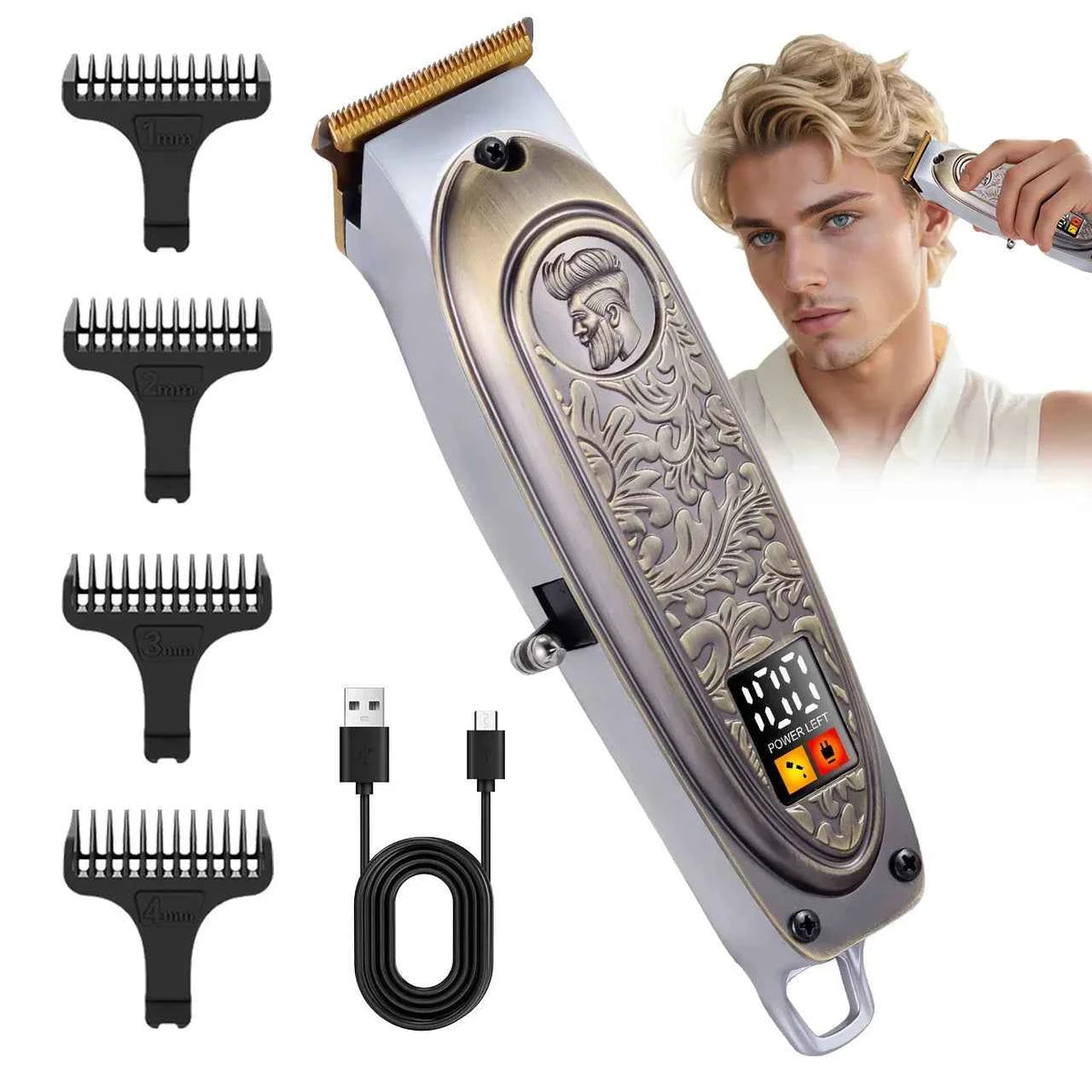 Hatteker HT-6120 Men's Cordless Retro Design Electric Hair Clippers USB Portable Charging Digital Display