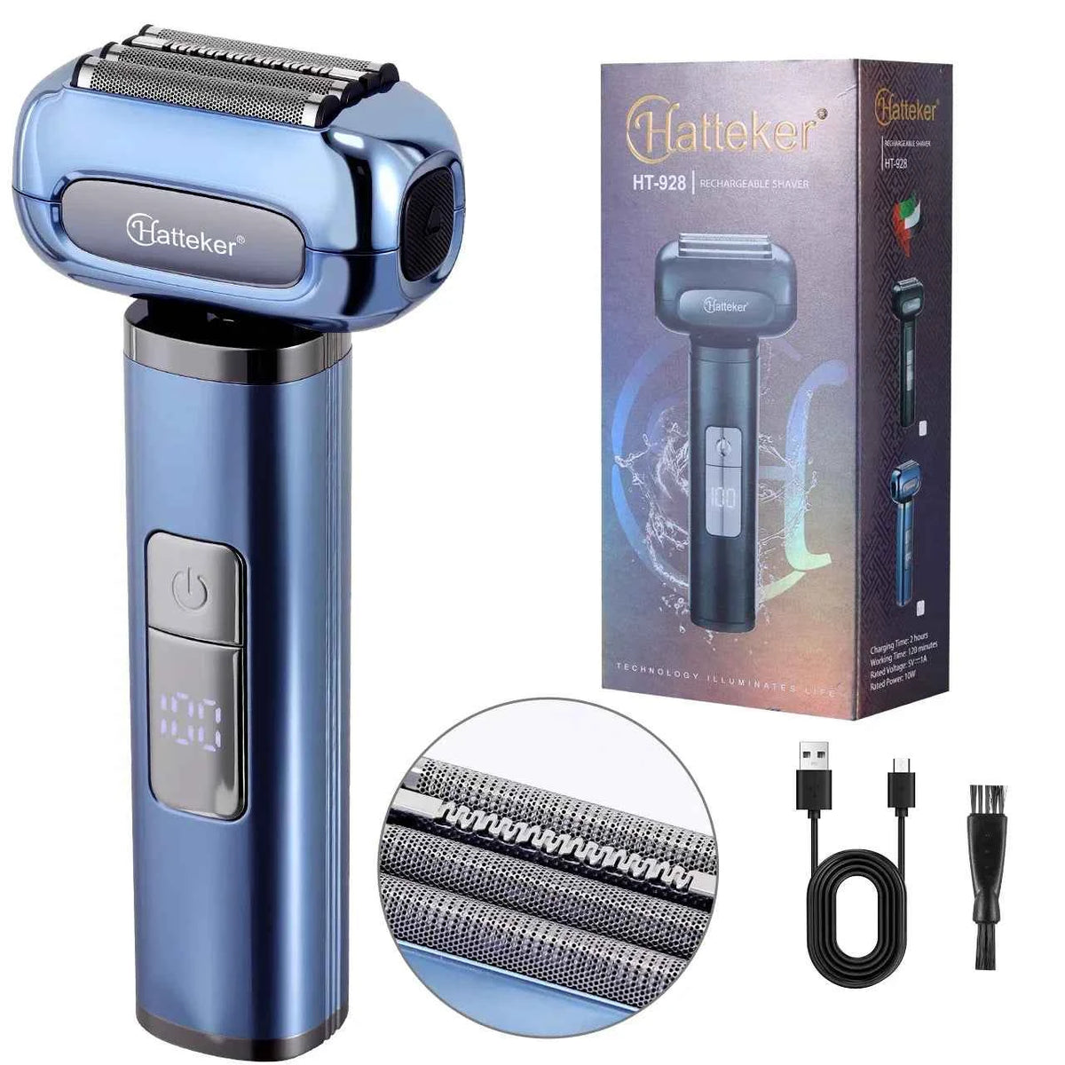 HATTEKER HT-928 Rechargeable Electric Shaver for Men Wet Dry Use USB Cordless Razor with Floating Blades & LED Display