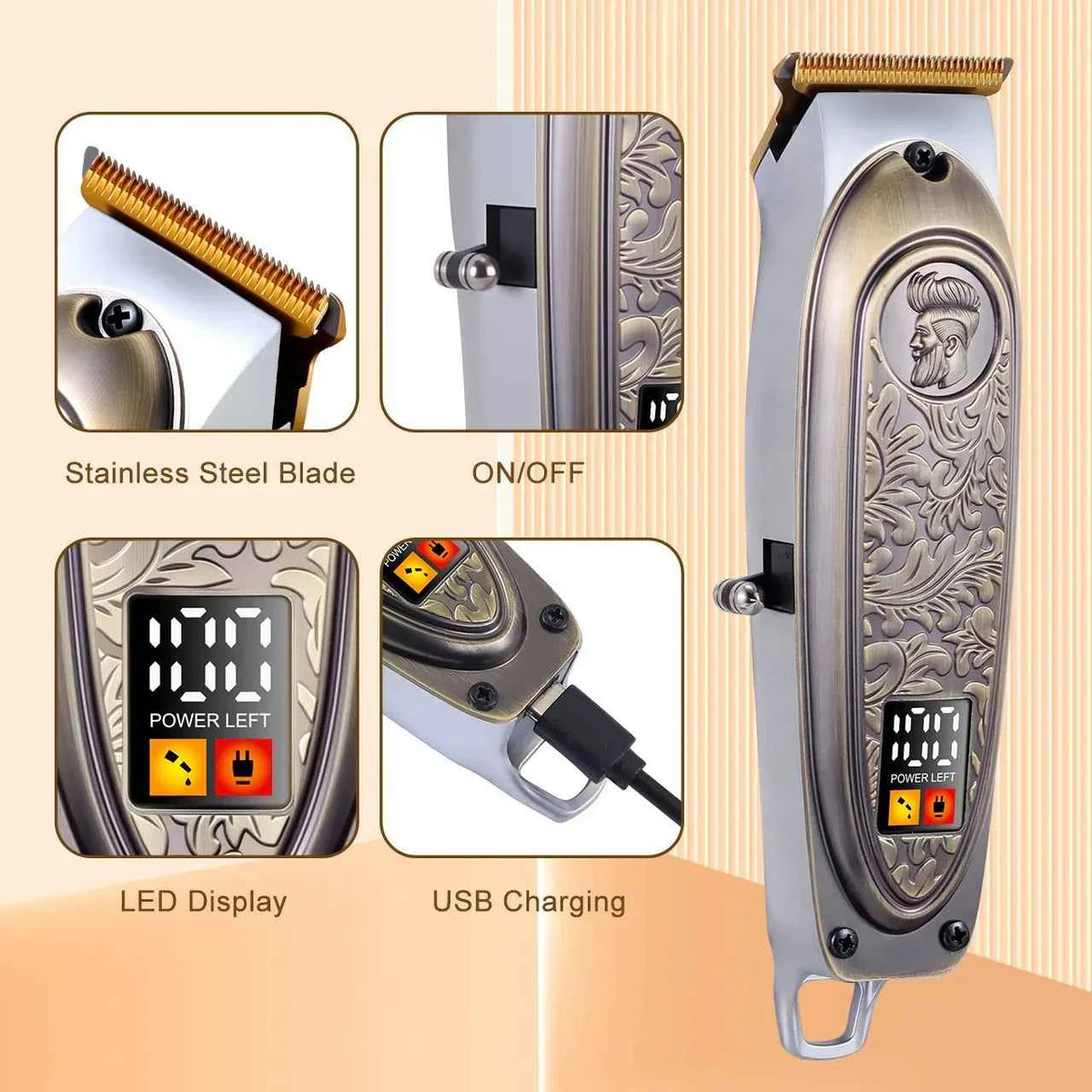 Hatteker HT-6120 Men's Cordless Retro Design Electric Hair Clippers USB Portable Charging Digital Display