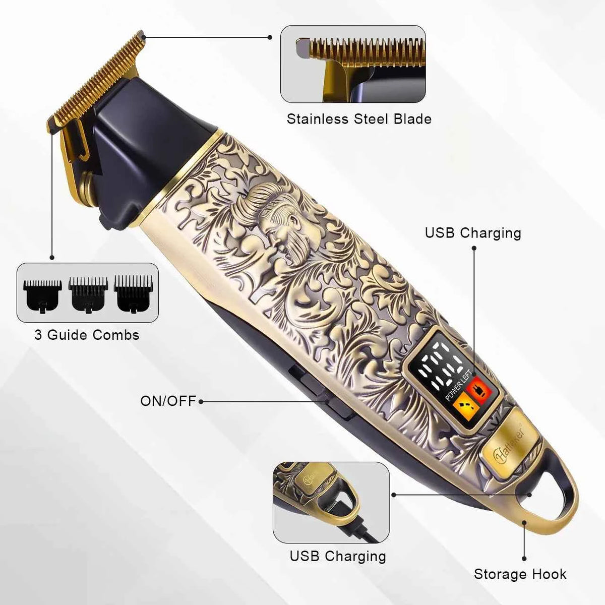 Hatteker HT-6121 Retro Oil Head Men's Electric Hair Clippers USB Rechargeable Portable Hair Trimmer