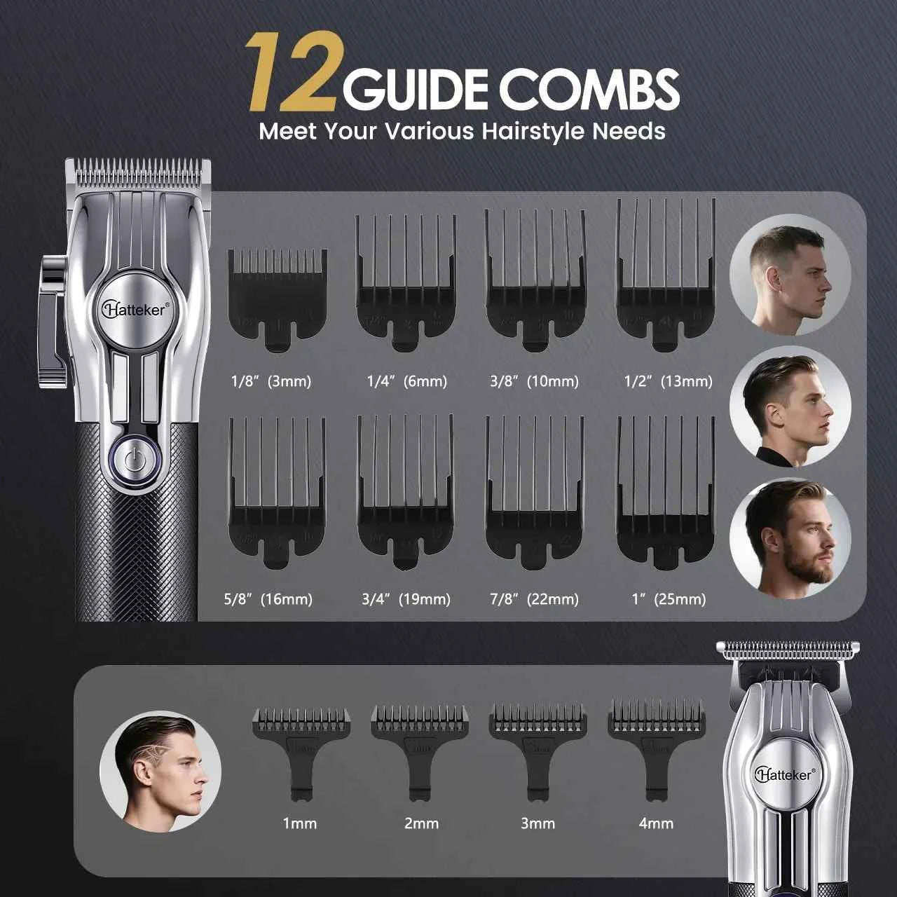 Hatteker HT-6113 USB Rechargeable Electric Hair Clippers LED Display Hair Trimmer 2-piece Grooming Set Father's Day Gift Slliver