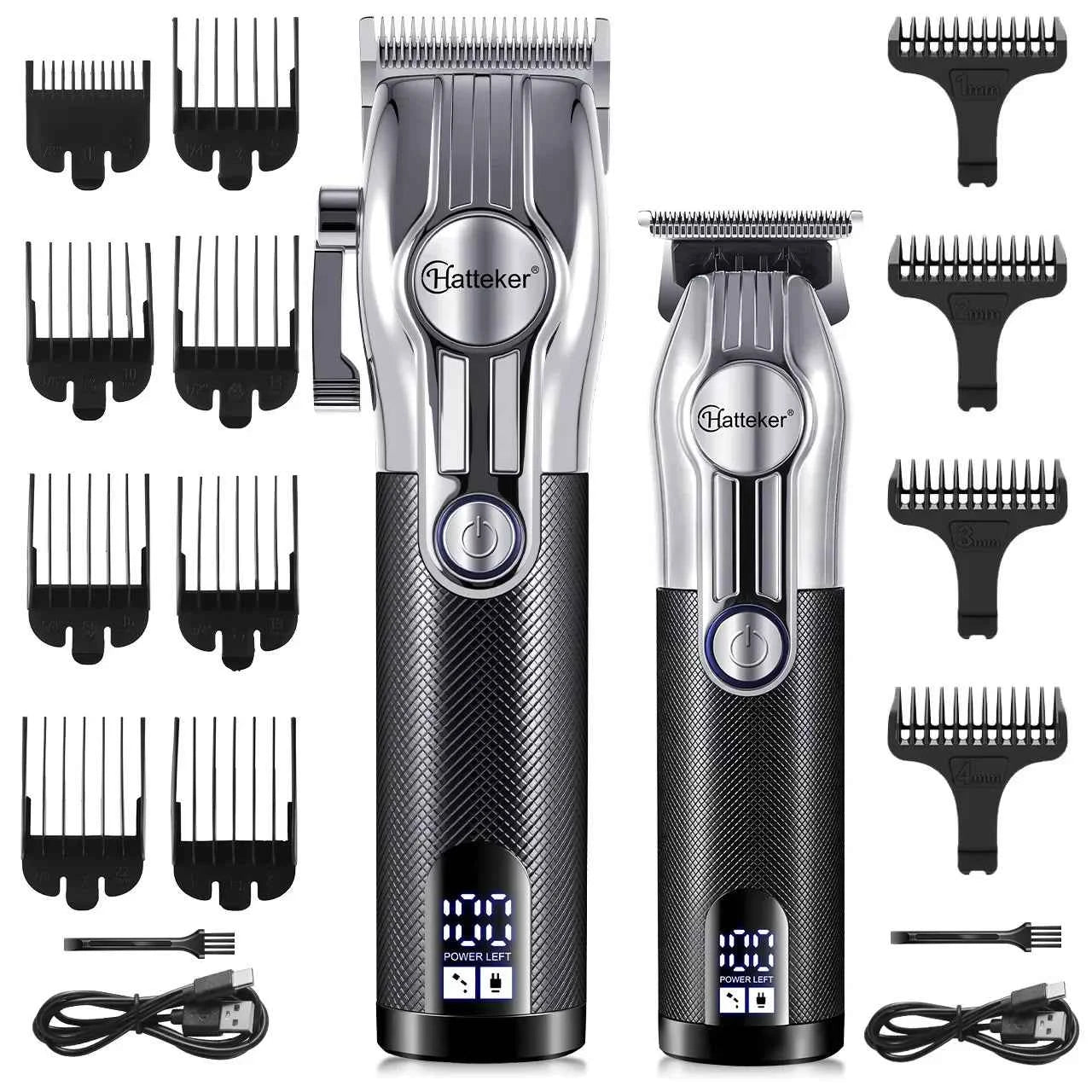 Hatteker HT-6113 USB Rechargeable Electric Hair Clippers LED Display Hair Trimmer 2-piece Grooming Set Father's Day Gift Slliver