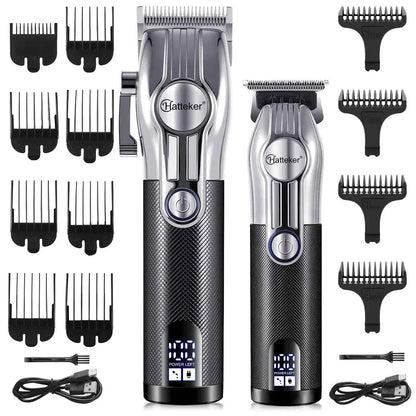 Hatteker HT-6113 USB Rechargeable Electric Hair Clippers LED Display Hair Trimmer 2-piece Grooming Set Father's Day Gift Slliver