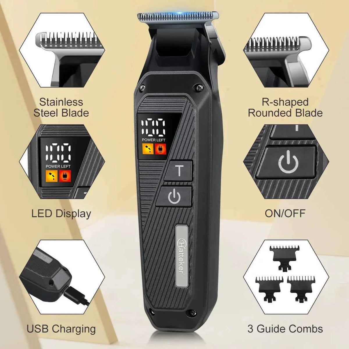 Hatteker HT-6082 Professional Hair Trimmer – Cordless Oil Head Clipper with LCD Display