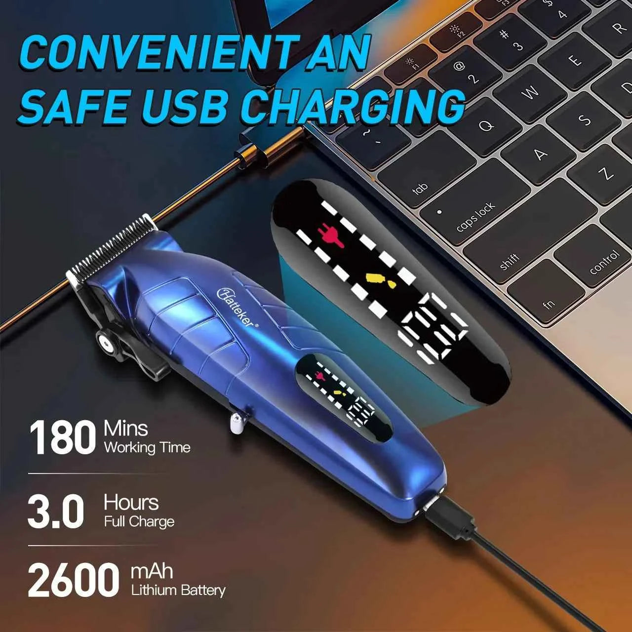 HATTEKER HT-6036 Blue Men's Electric Hair Clippers Cordless Hair Trimmer USB Rechargeable