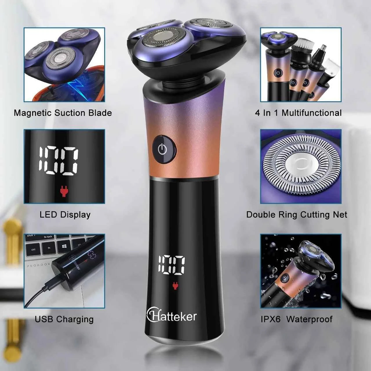 Hatteker 4-in-1 Electric Shaver for Men | Waterproof Rotary Blades