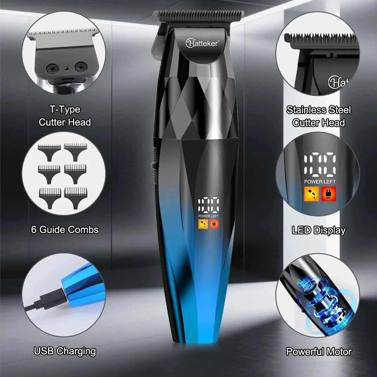 Hatteker HT-6126 Cordless Professional Electric Hair Clippers Beard Trimmer Styler LED Digital Display Hair Clippers for Men
