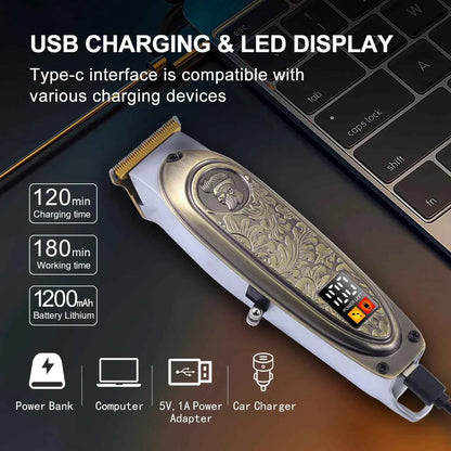 Hatteker HT-6120 Men's Cordless Retro Design Electric Hair Clippers USB Portable Charging Digital Display
