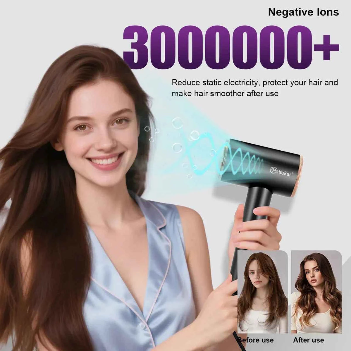 Hatteker Black Negative Ion Hair Dryer Multi-stage Adjustment Powerful Hair Dryer