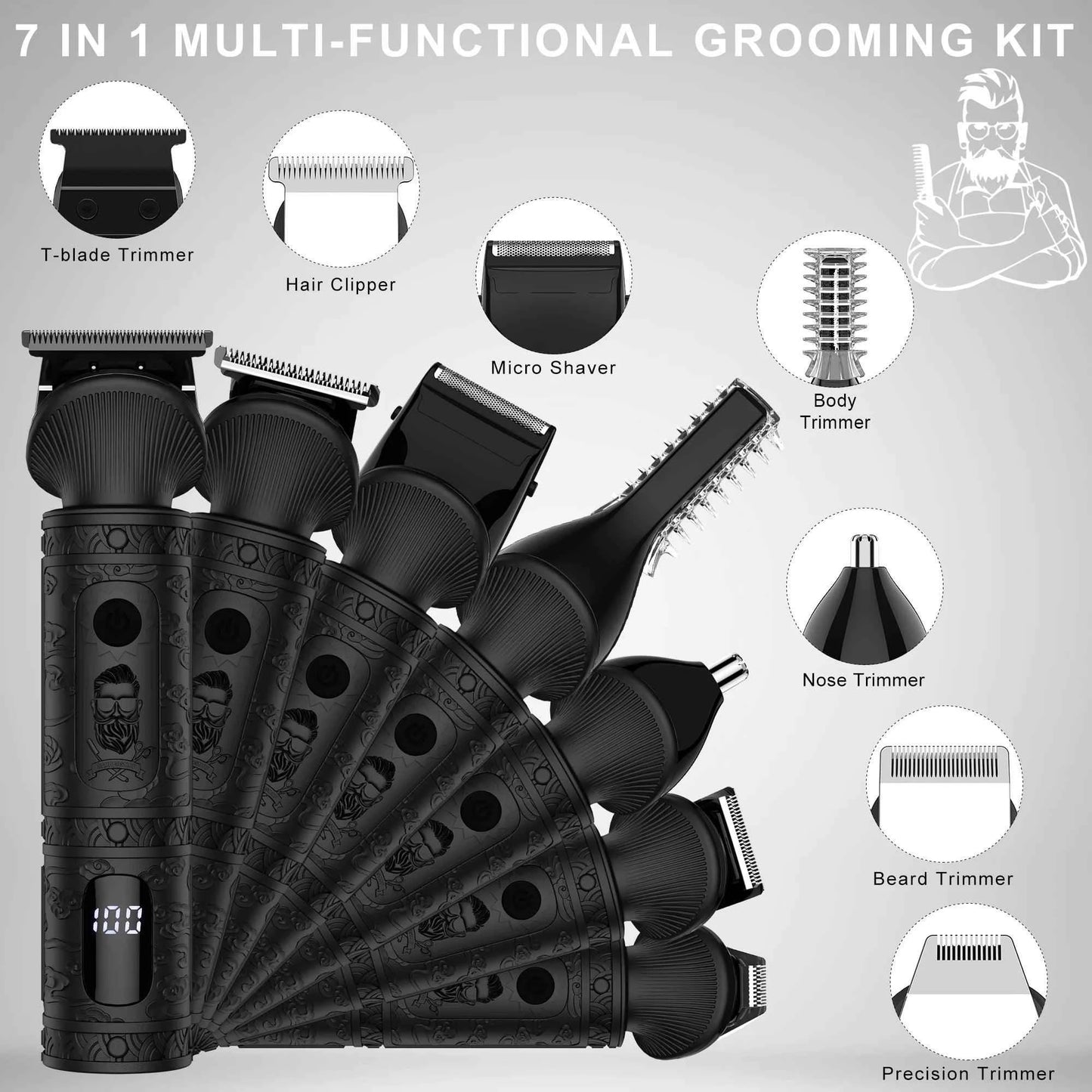 HATTEKER hair trimmer all in one 7 blades changeable Electric Baber Haircut body nose trimmer set