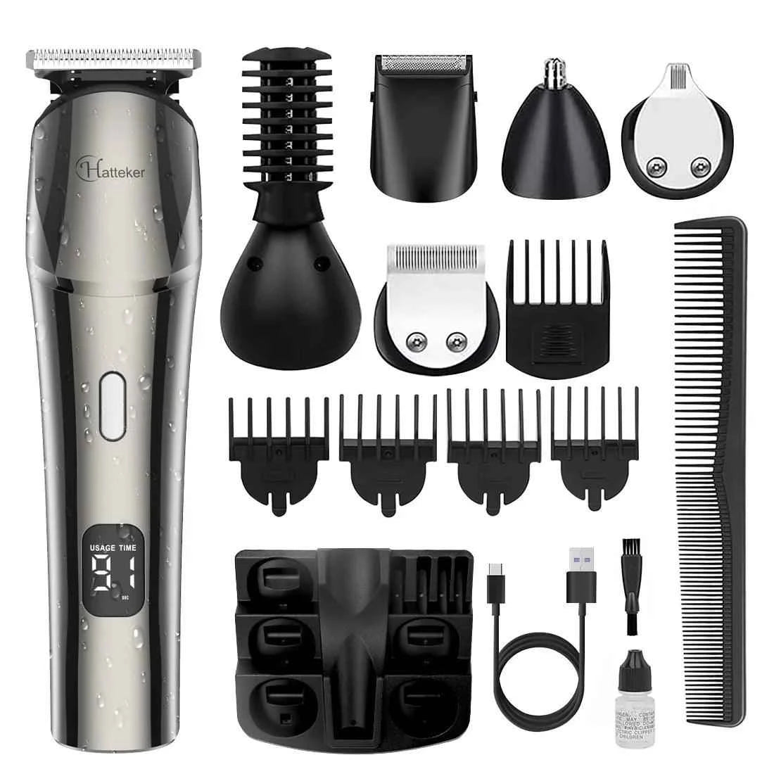 HATTEKER 6 in1 multifunction hair trimmer rechargeable wireless electric baber haircut