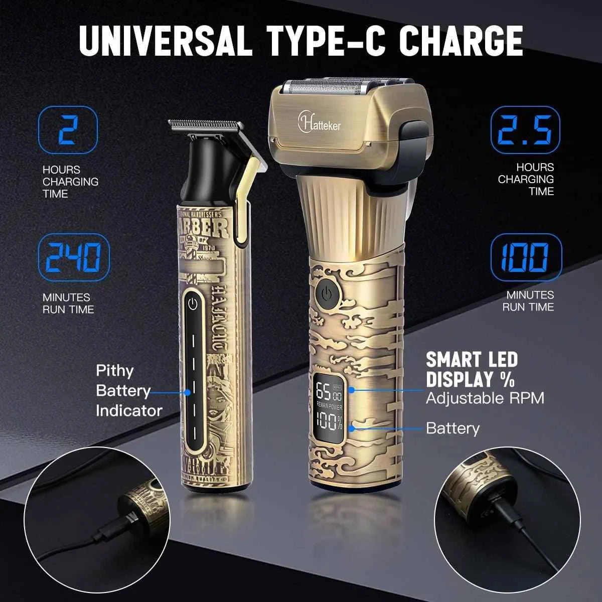 Hatteker Hair Clipper Set - Triple Foil Shaver & Crew Cut Trimmer, USB Charging