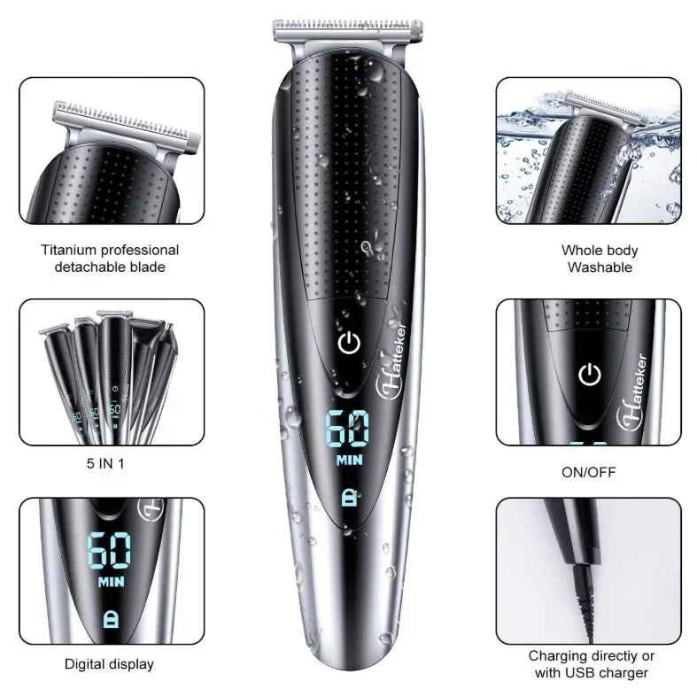 HATTEKER 5-in-1 Hair Clipper for Men RFC-598 – Rechargeable Beard & Body Grooming Kit with Multiple Attachments