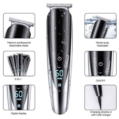 HATTEKER 5-in-1 Hair Clipper for Men RFC-598 – Rechargeable Beard & Body Grooming Kit with Multiple Attachments