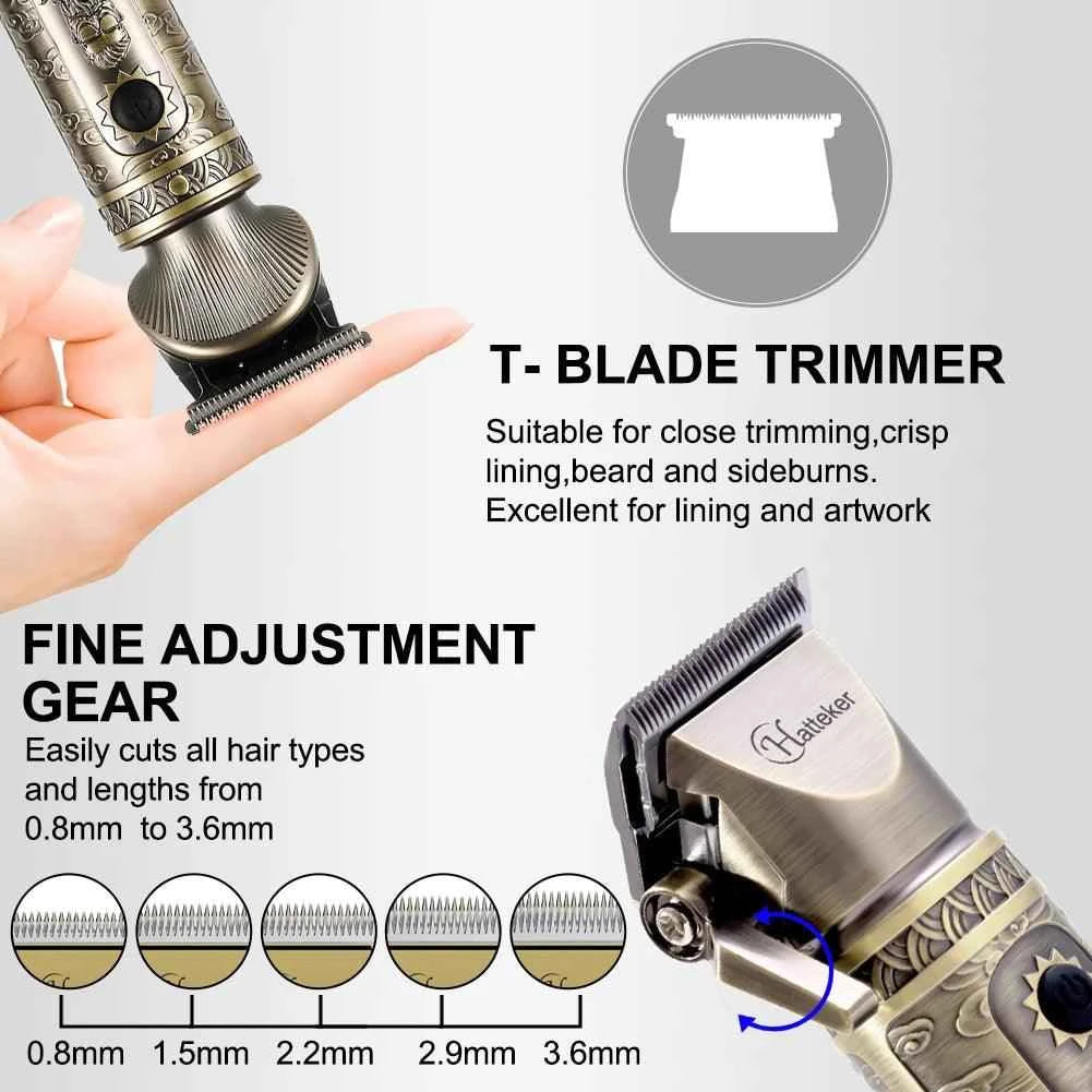 HATTEKER men hair clipper 2 set T blade hair barber clippers gentleman hair cutting machine bronze cordless hair trimmer