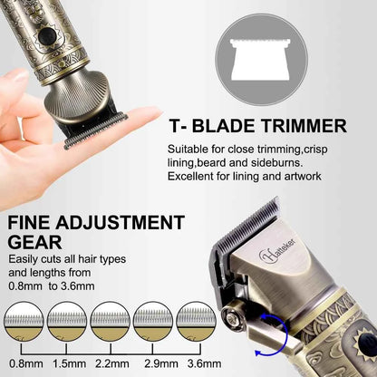 HATTEKER men hair clipper 2 set T blade hair barber clippers gentleman hair cutting machine bronze cordless hair trimmer