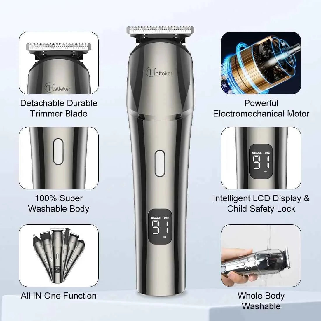 HATTEKER 6 in1 multifunction hair trimmer rechargeable wireless electric baber haircut