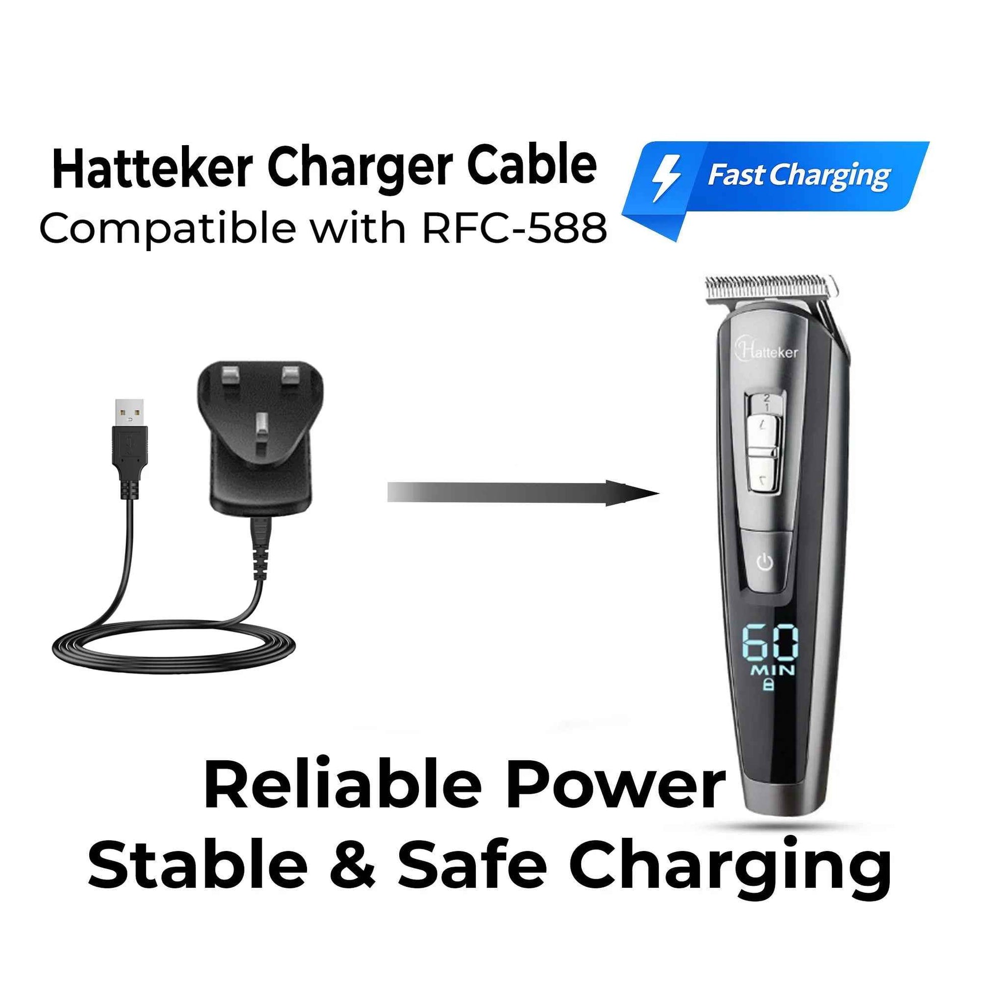 HATTEKER USB & Plug Charger for RFC-588 – Fast Charging Replacement Cable for Hatteker Trimmer