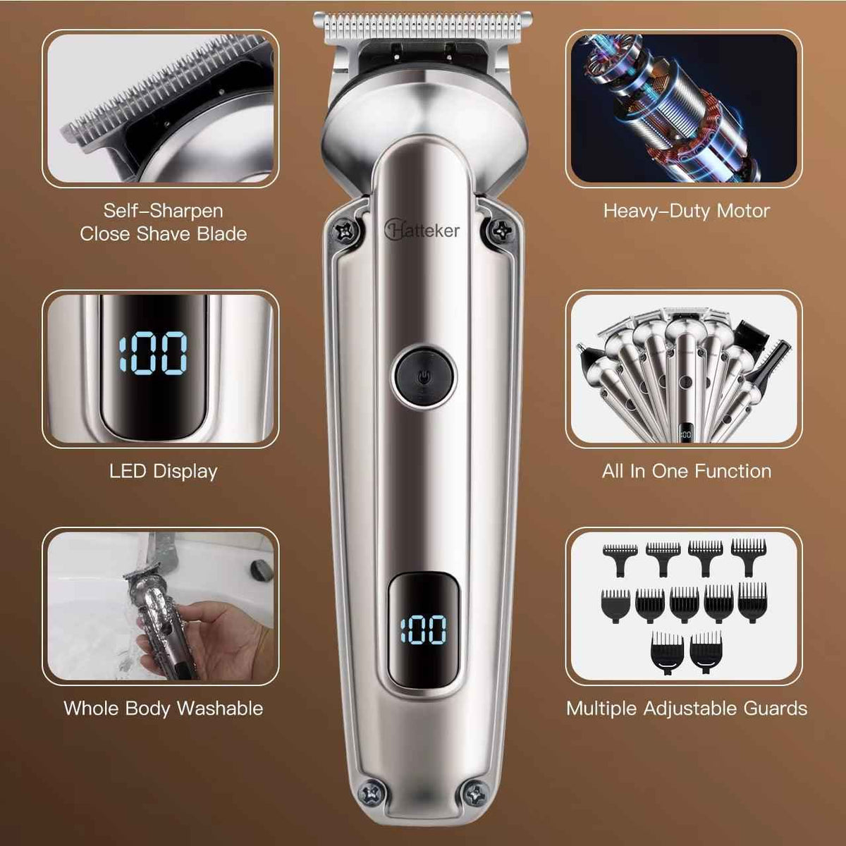 Hatteker 7-in-1 Beard & Hair Trimmer Kit | Men's Clippers, T-Blade, Nose Trimmer & Shaver