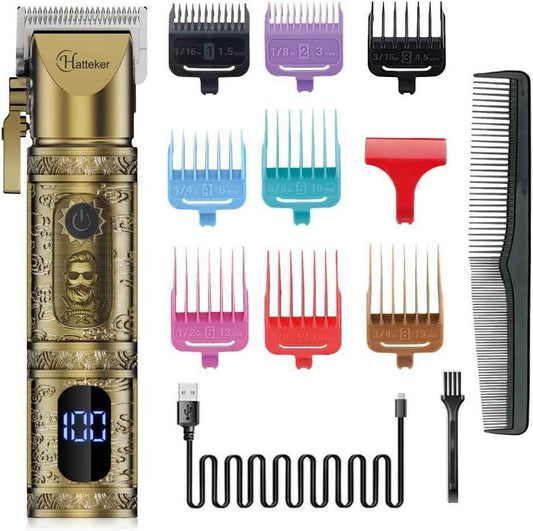 Hatteker Professional Cordless Hair Trimmer & Beard Shaver | Gold Grooming Kit with LED Display