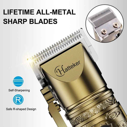 Hatteker Professional Cordless Hair Trimmer & Beard Shaver | Gold Grooming Kit with LED Display