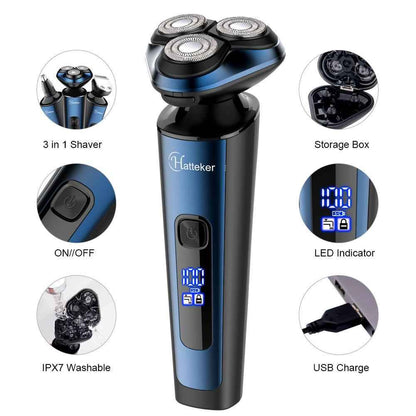 HATTEKER Mens Electric Shavers Razor Beard Trimmer Rotary Facail Nose Waterproof Rechargeable Cordless 3 in 1
