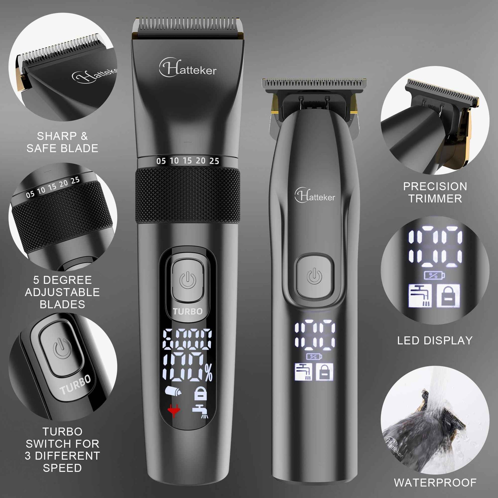HATTEKER Hair Clippers and T-Blade Set Trimmer Kit Cordless Beard Barber Clipper Hair Cutting Kit Grooming Kit Waterproof