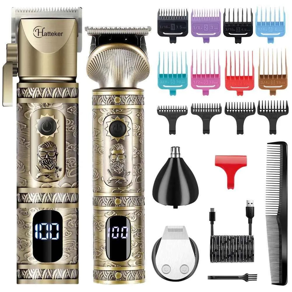 HATTEKER men hair clipper 2 set T blade hair barber clippers gentleman hair cutting machine bronze cordless hair trimmer
