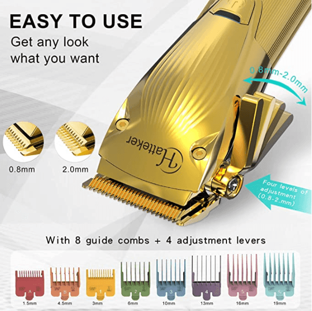 HATTEKER Hair Clipper for Men  Professional Cutting Kit Barber Beard Trimmer with 8 Colorful Combs USB Rechargeable (Gold)